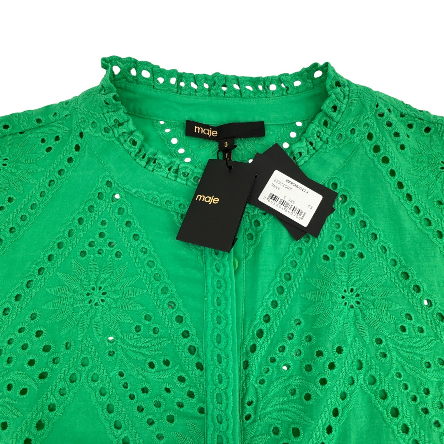 MAJE Ciggy Cotton Eyelet Shirt in Green 3|L