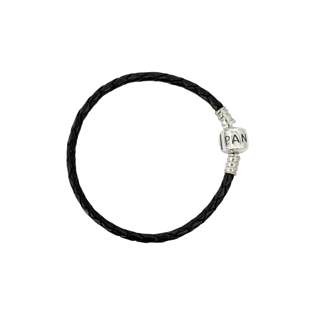 PANDORA Moments Woven Leather Bracelet with Silver Clasp in Black 17cm - flyKAMP