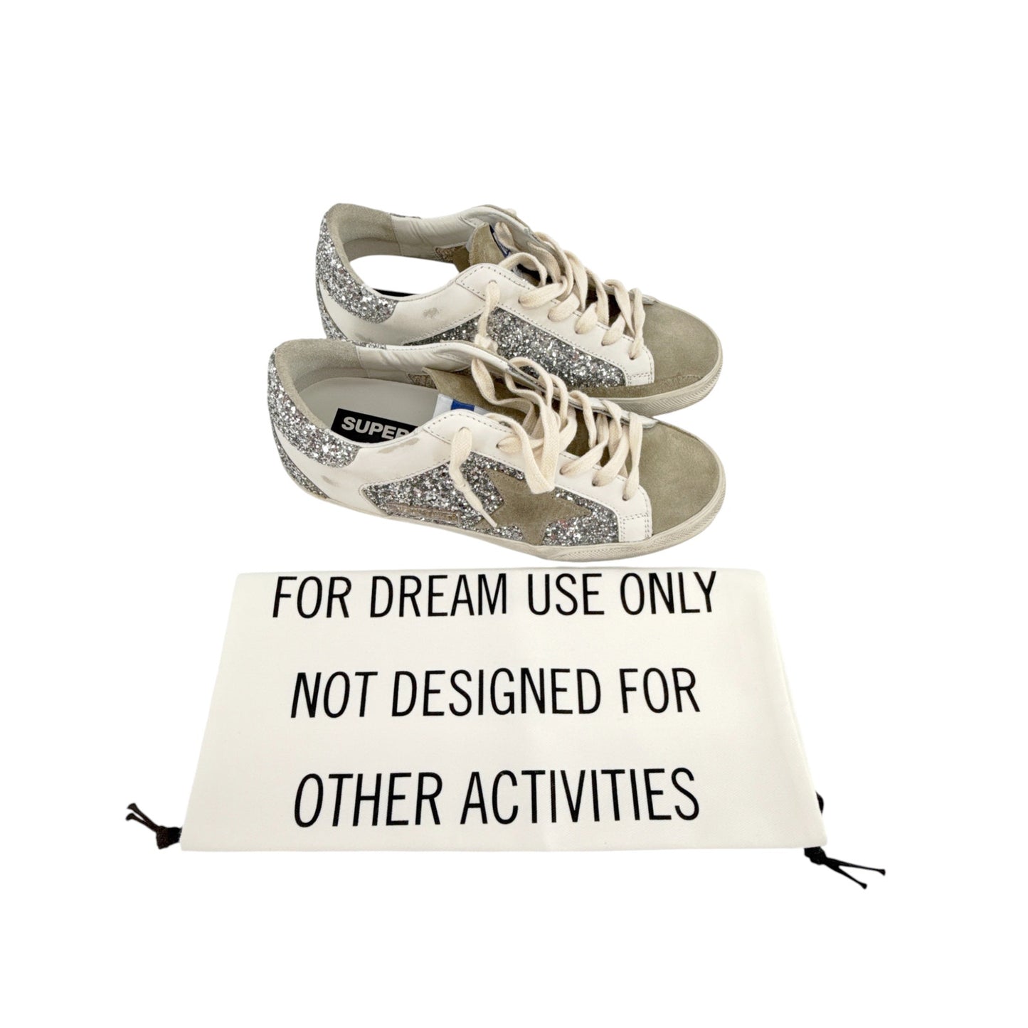 GOLDEN GOOSE Super-Star Silver Glitter Sneakers in Silver, White, & Taupe 37
