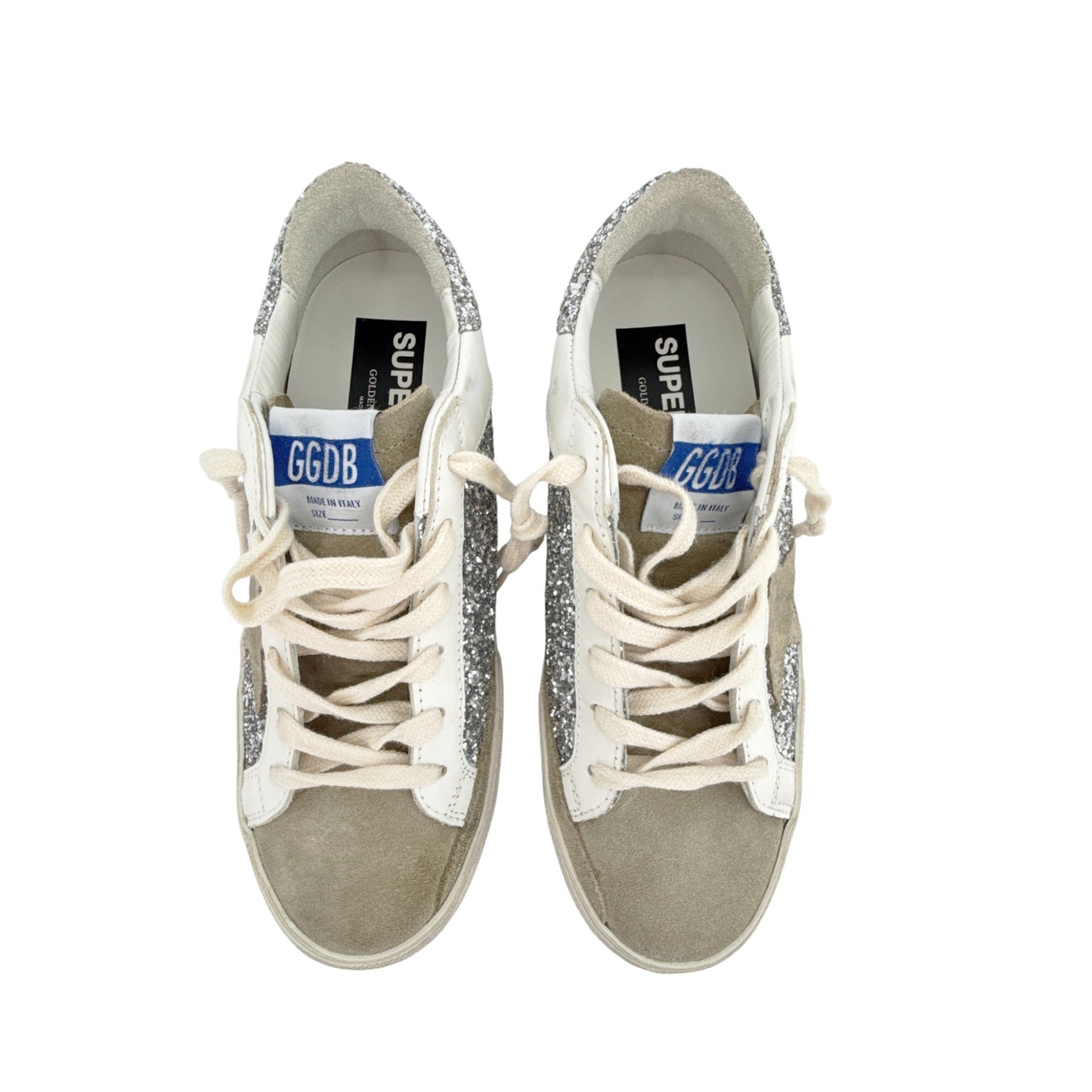 GOLDEN GOOSE Super-Star Silver Glitter Sneakers in Silver, White, & Taupe 37