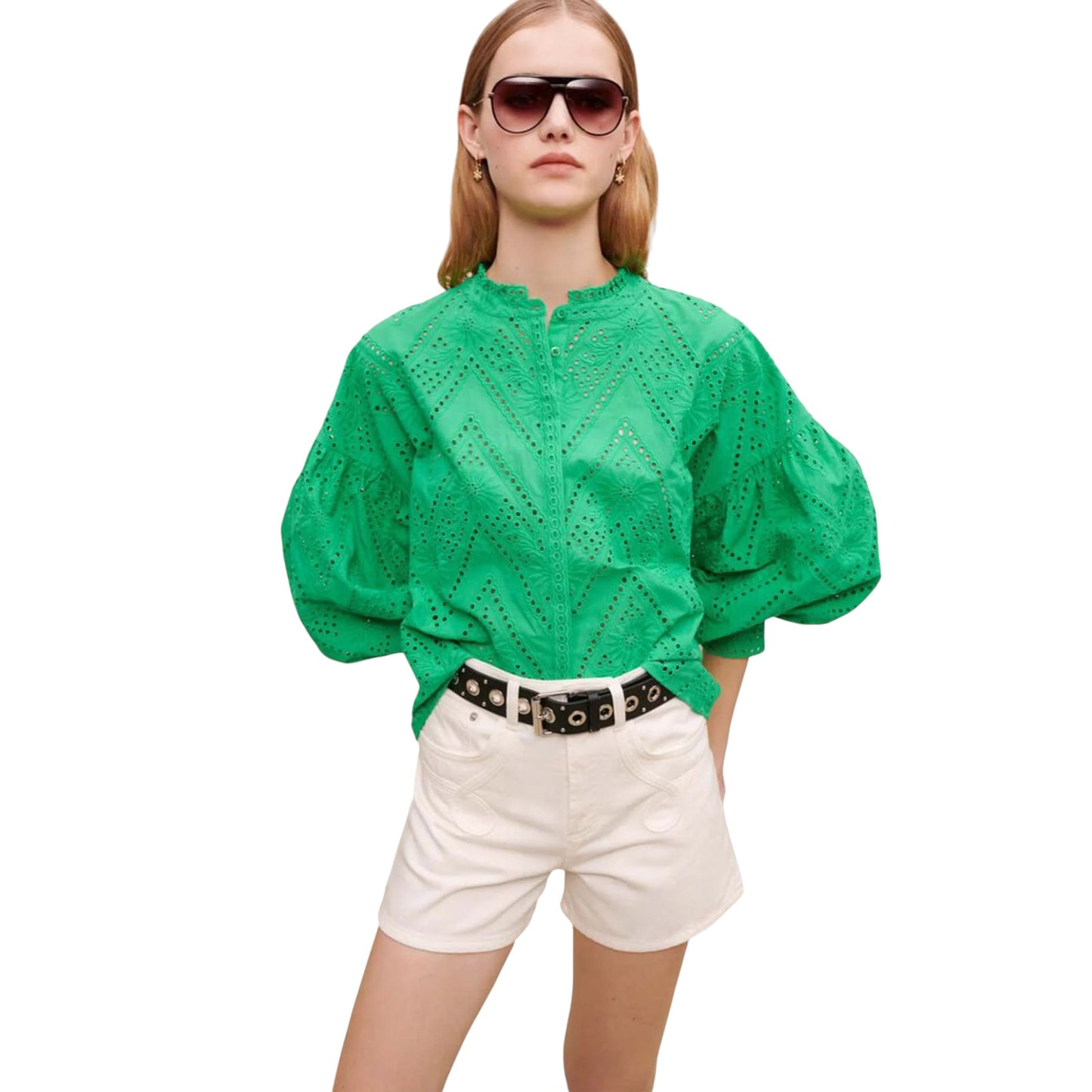 MAJE Ciggy Cotton Eyelet Shirt in Green 3|L