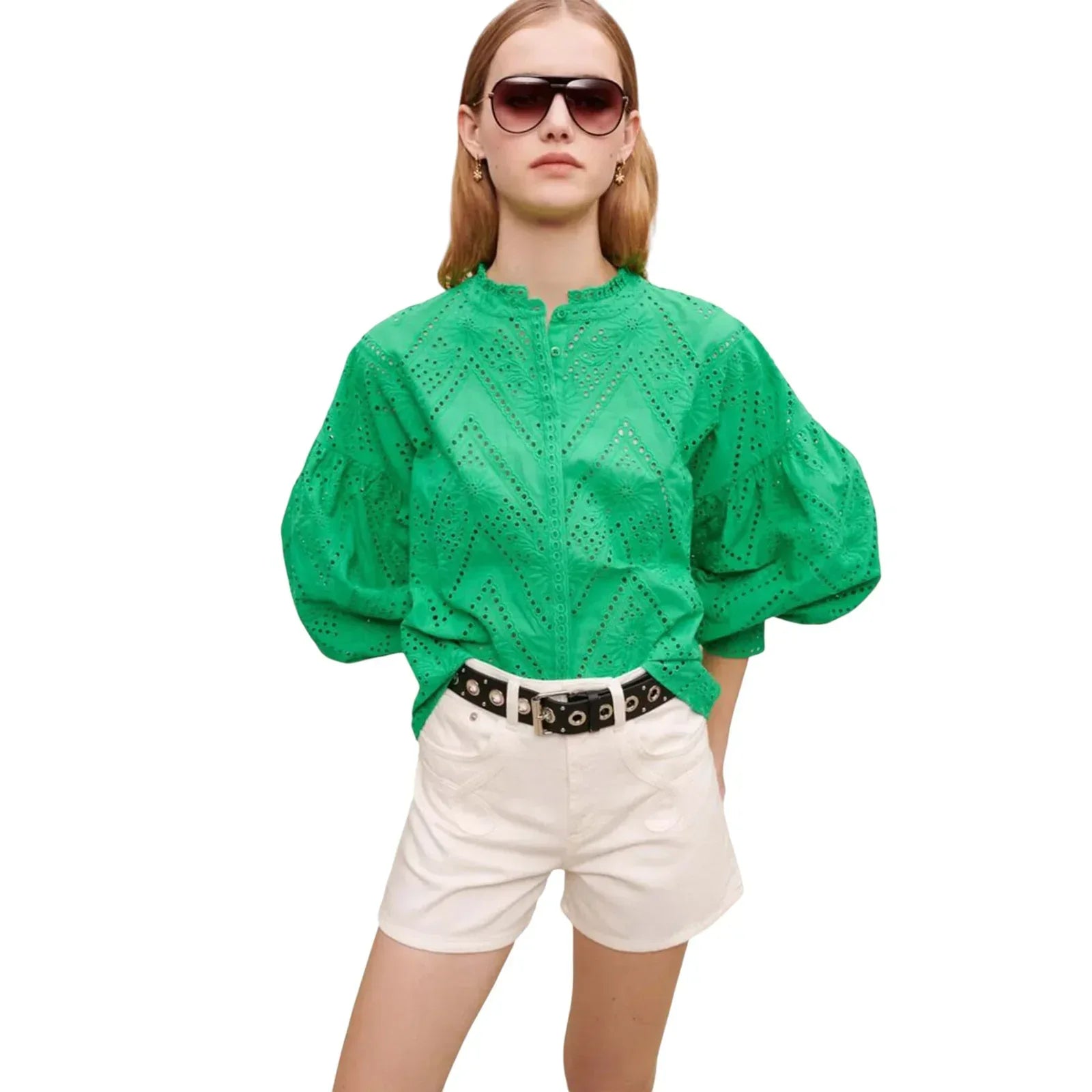 MAJE Ciggy Cotton Eyelet Shirt in Green 3|L - flyKAMP