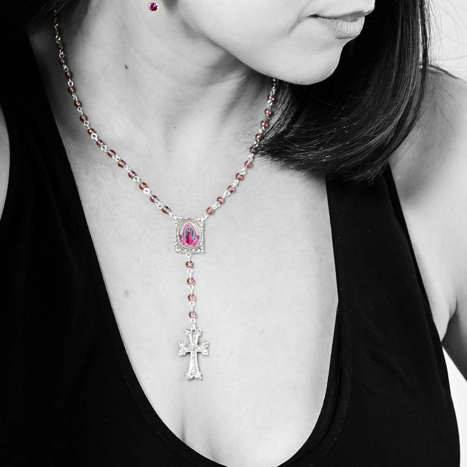 VIRGINS SAINTS & ANGELS VSA Retablo Guadalupe Rosary Necklace in Silver & Pink Virgins Saints & Angels