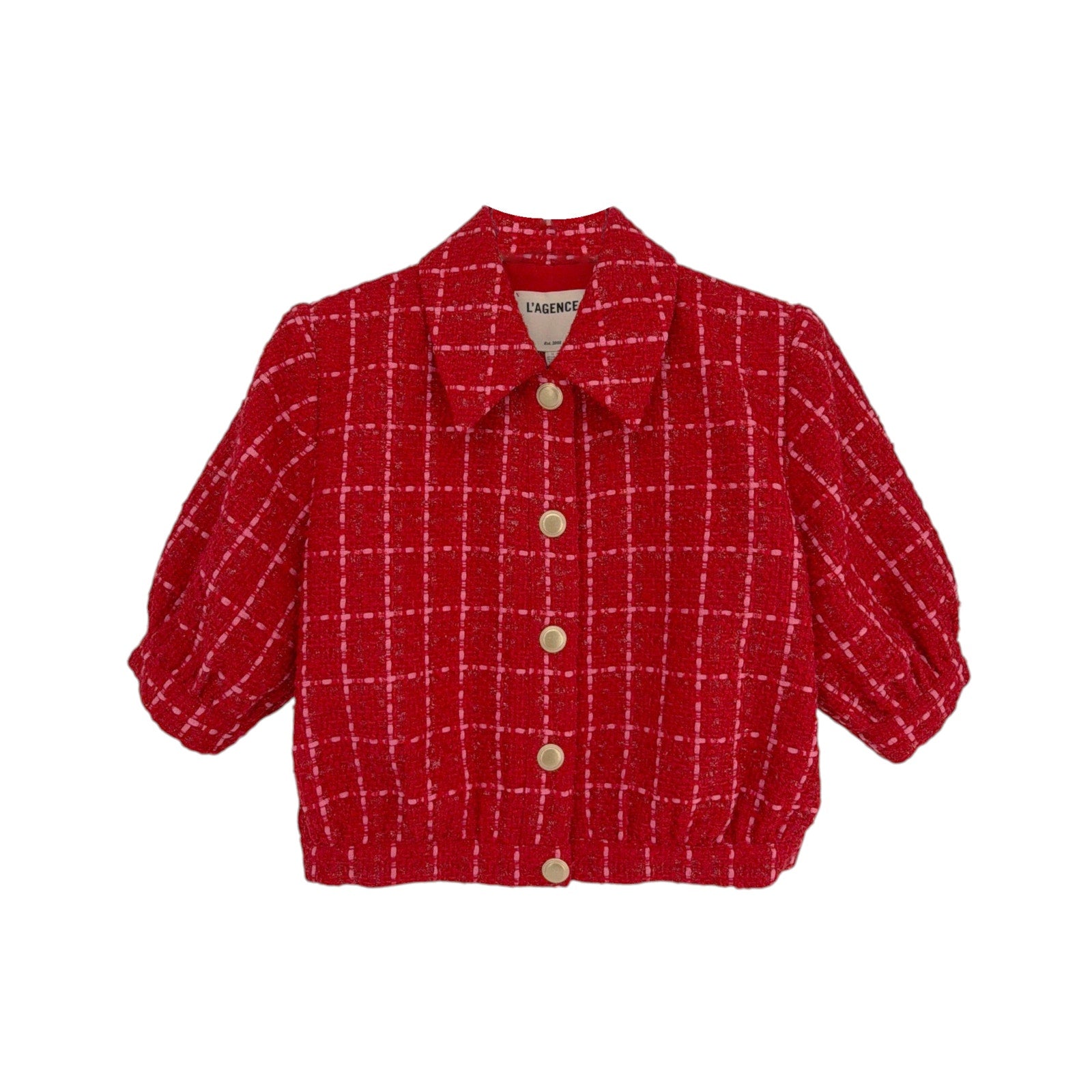 L'AGENCE Cove Cropped Tweed Jacket in Red & Hot Pink Plaid 10|L L'Agence