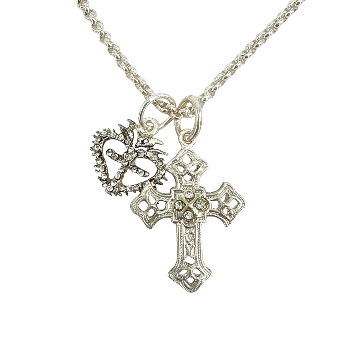 VIRGINS SAINTS & ANGELS VSA Basilica Cross & Sacred Heart Charm Necklace Silver