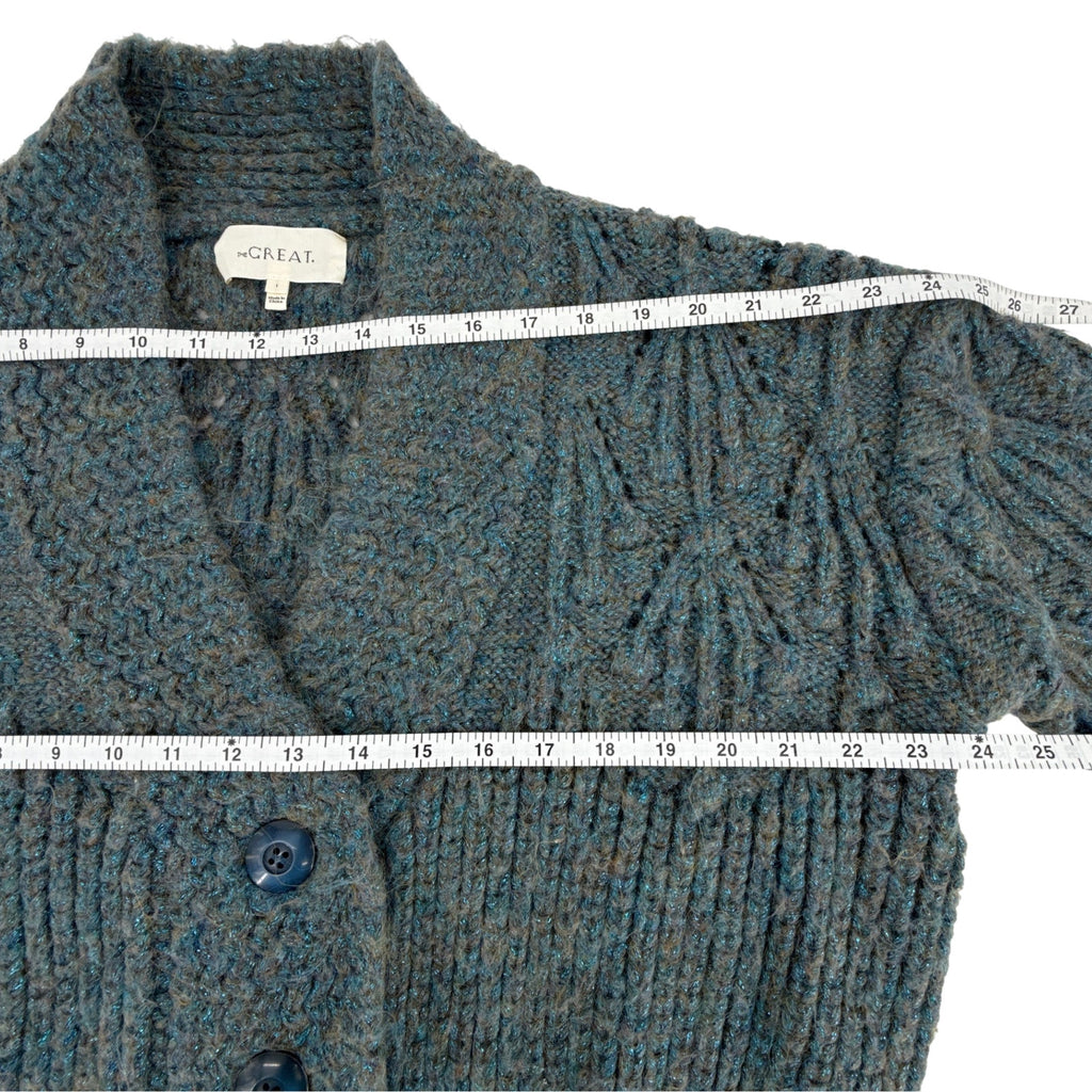 The GREAT. The Frond Montana Cardigan in Pine Needle Shimmer 1 | S The Great.