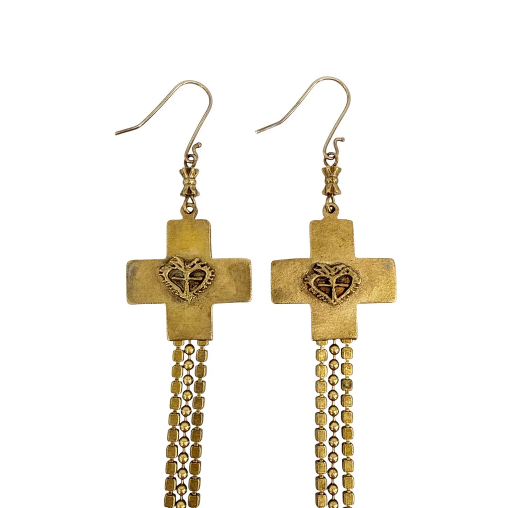 VIRGINS SAINTS & ANGELS VSA Resurrection Cross Chain Earrings in Gold & Blue - flyKAMP
