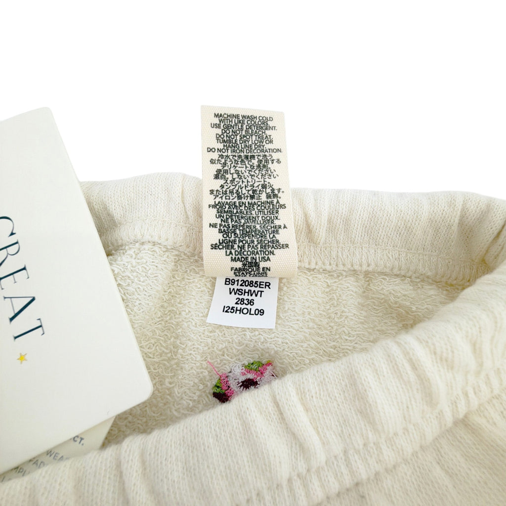 THE GREAT. The Stadium Sweatpant. Washed White with Embroidered Roses 0|XS The Great.