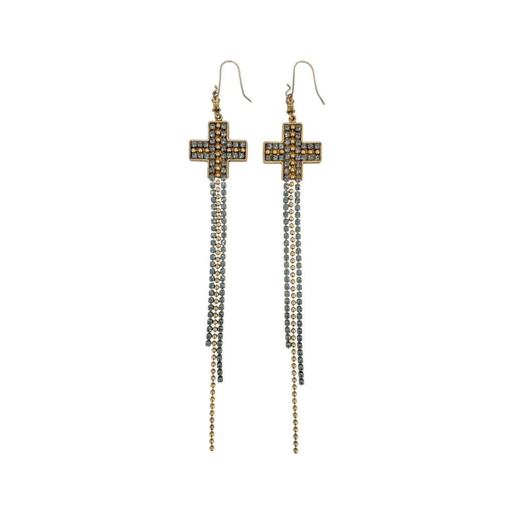 VIRGINS SAINTS & ANGELS VSA Resurrection Cross Chain Earrings in Gold & Blue - flyKAMP
