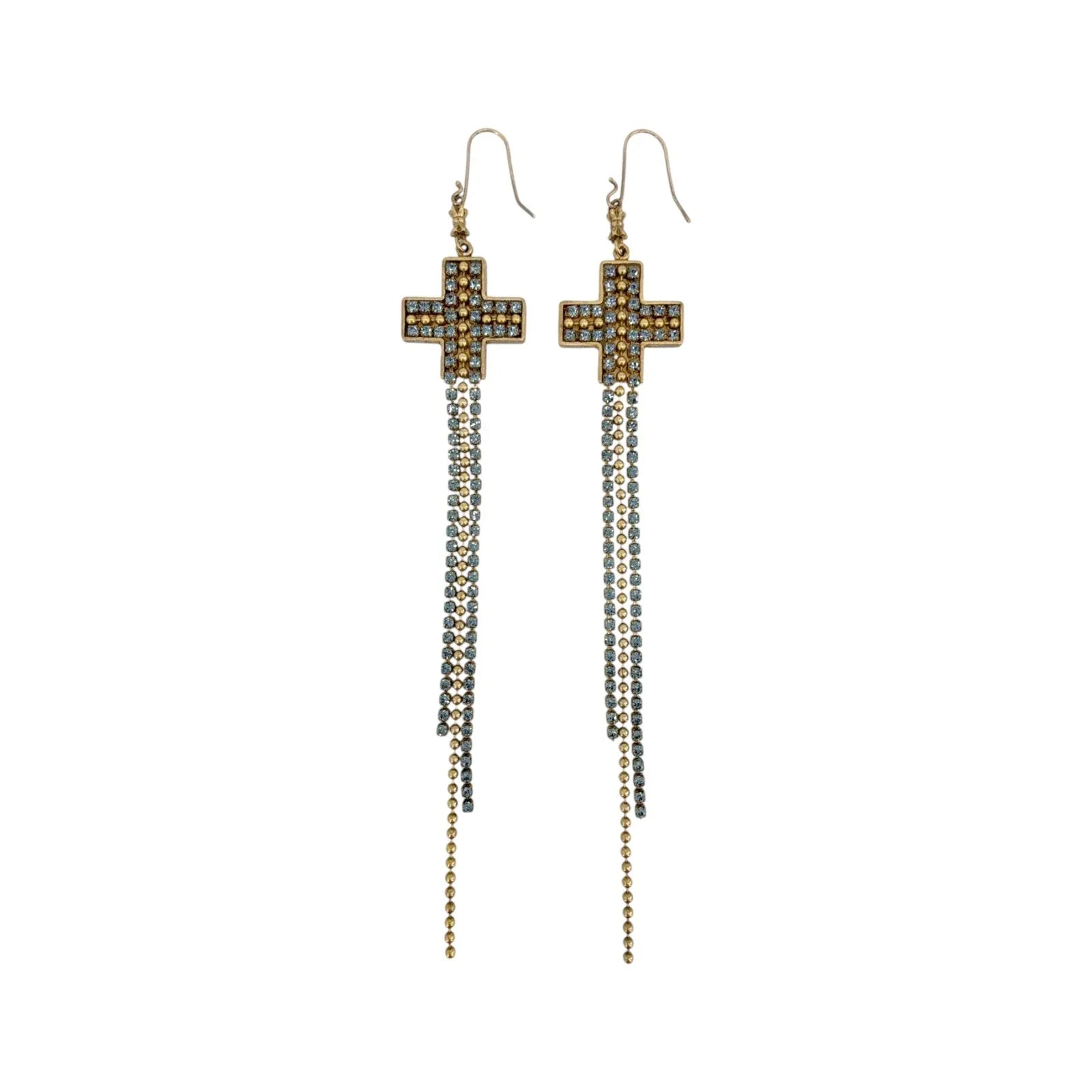 VIRGINS SAINTS & ANGELS VSA Resurrection Cross Chain Earrings in Gold & Blue - flyKAMP