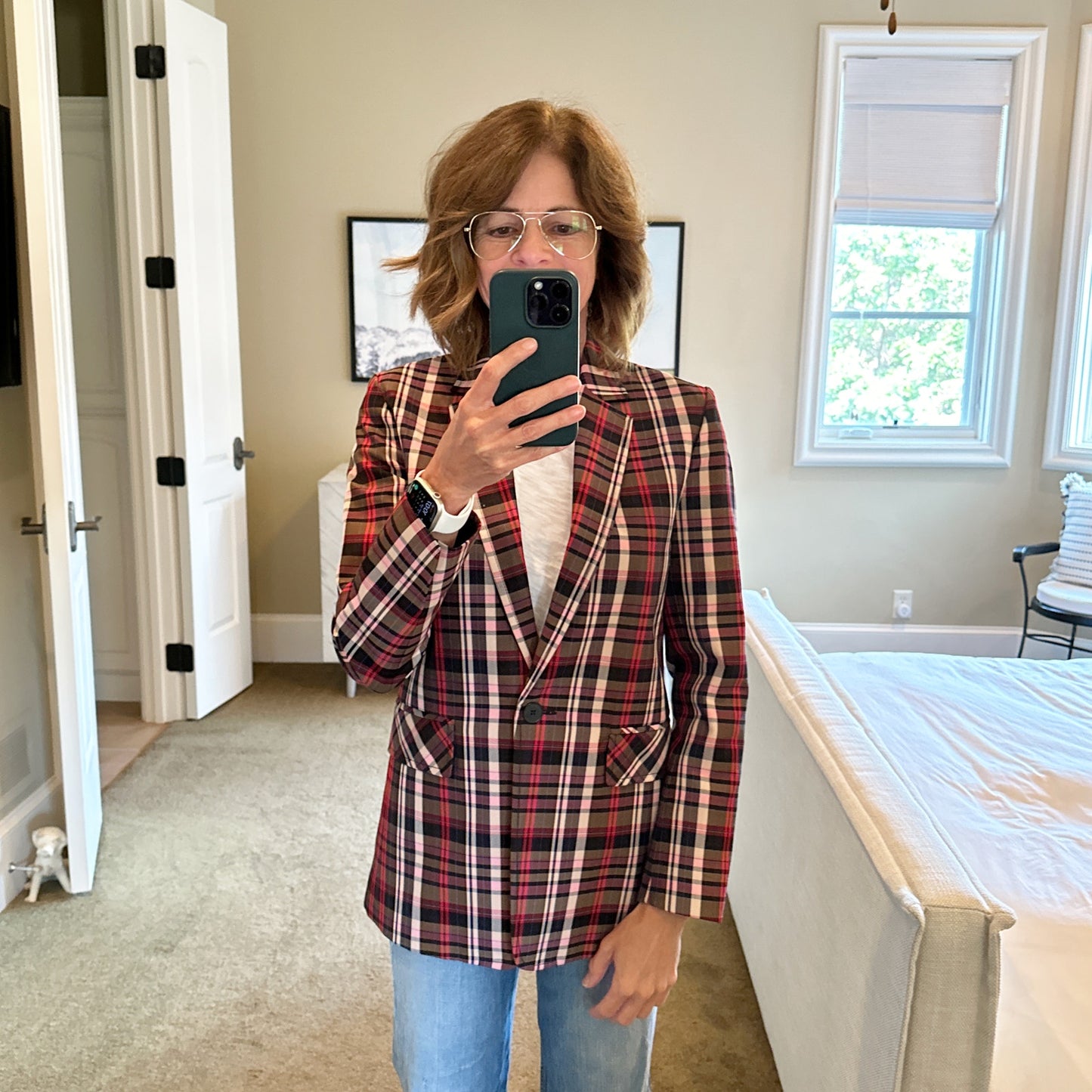 SANDRO Salima Single Button Plaid Blazer S