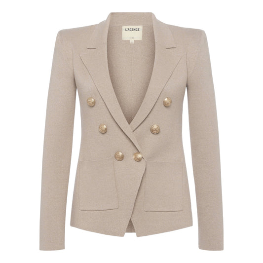 L'AGENCE Kenzie Metallic Knit Blazer in Pale Khaki/Gold S