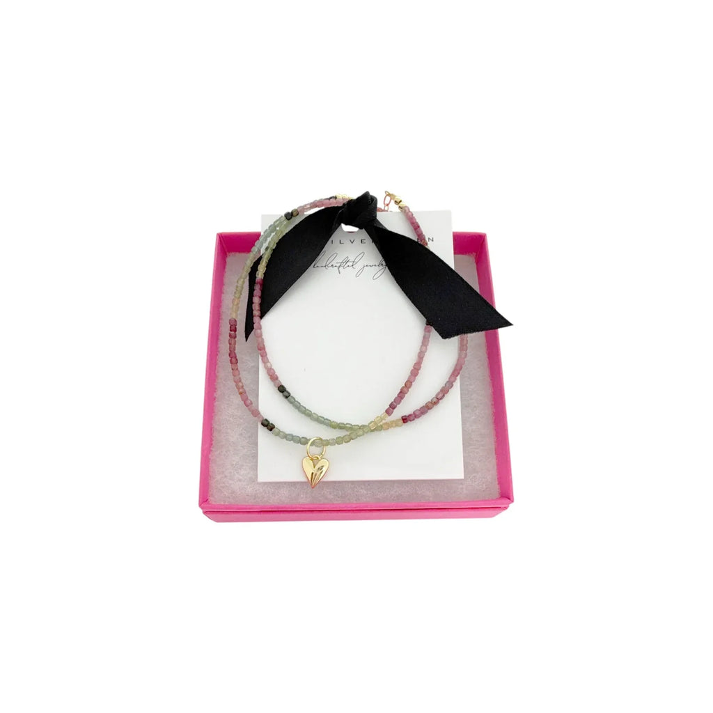 THE SILVER WREN Natural Tourmaline Beaded Necklace with Heart Charm - flyKAMP