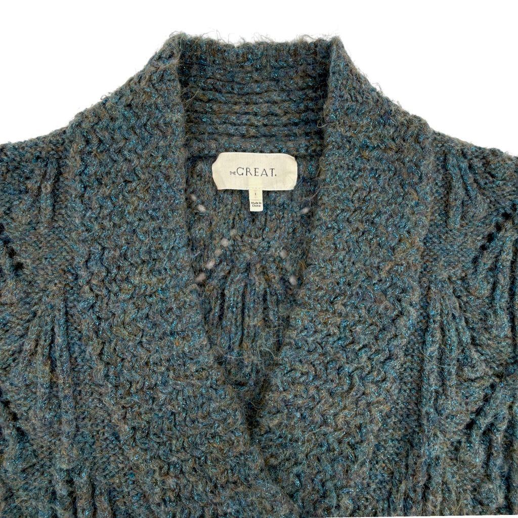 The GREAT. The Frond Montana Cardigan in Pine Needle Shimmer 1 | S The Great.