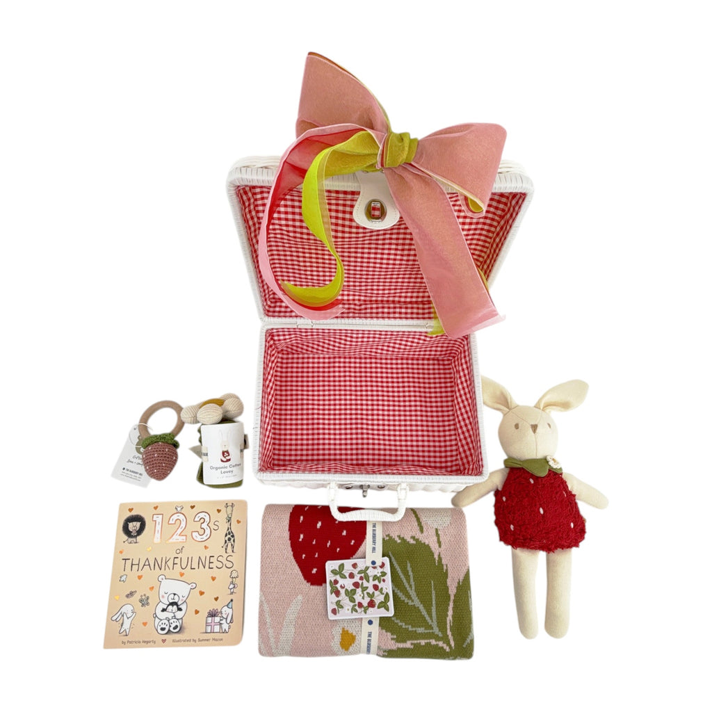THE BLUEBERRY HILL Strawberry Bunny Baby Gift Basket: Wicker Suitcase The Blueberry Hill