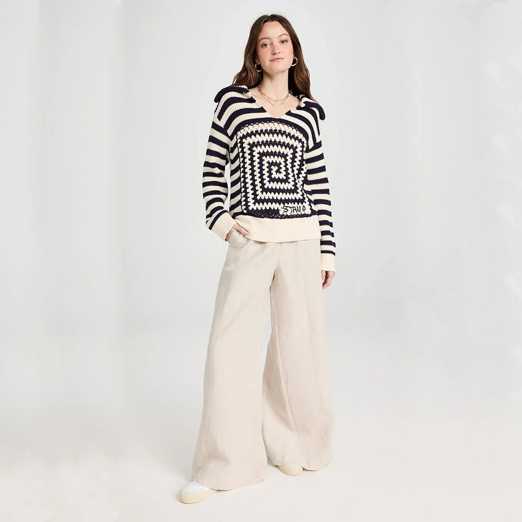 STAUD Alloy Striped Crocheted Cotton Sweater In Acid Cobalt XS - flyKAMP