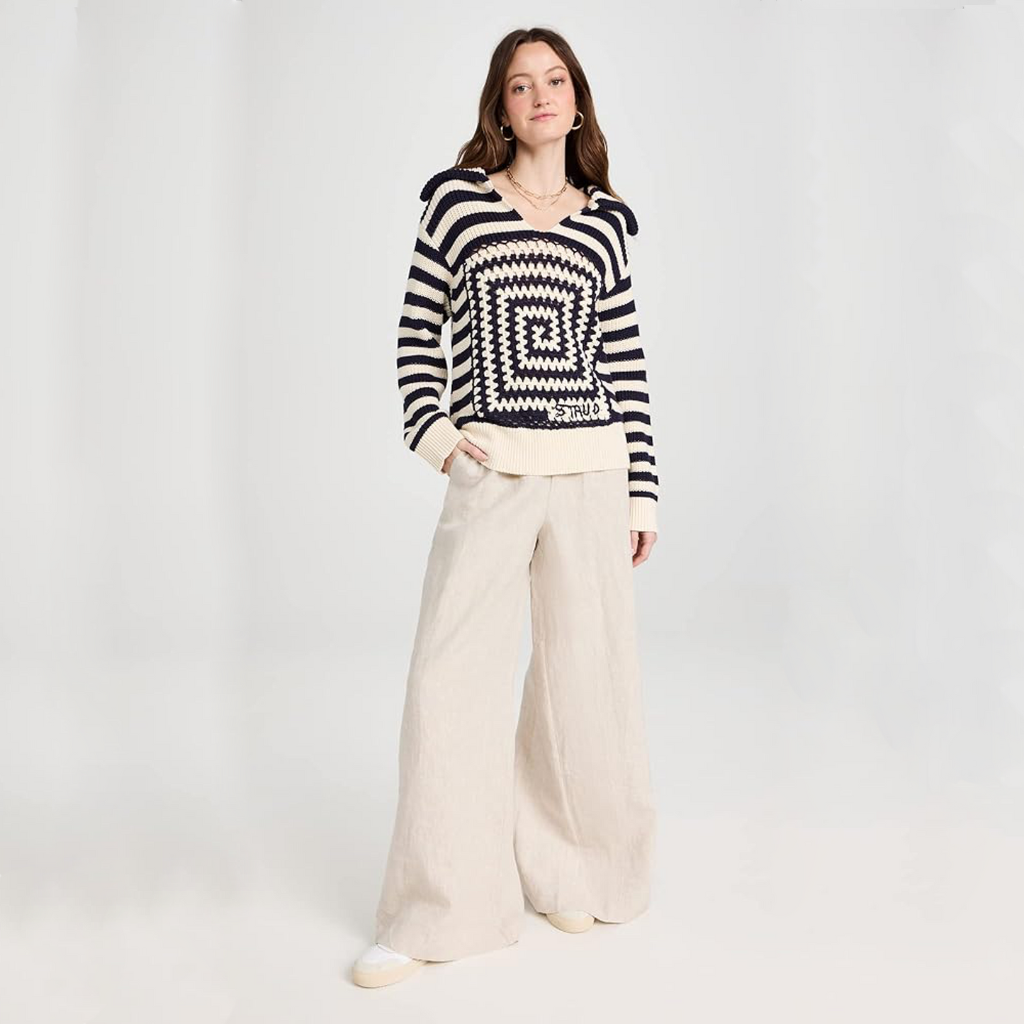 STAUD Alloy Striped Crocheted Cotton Sweater In Acid Cobalt XS