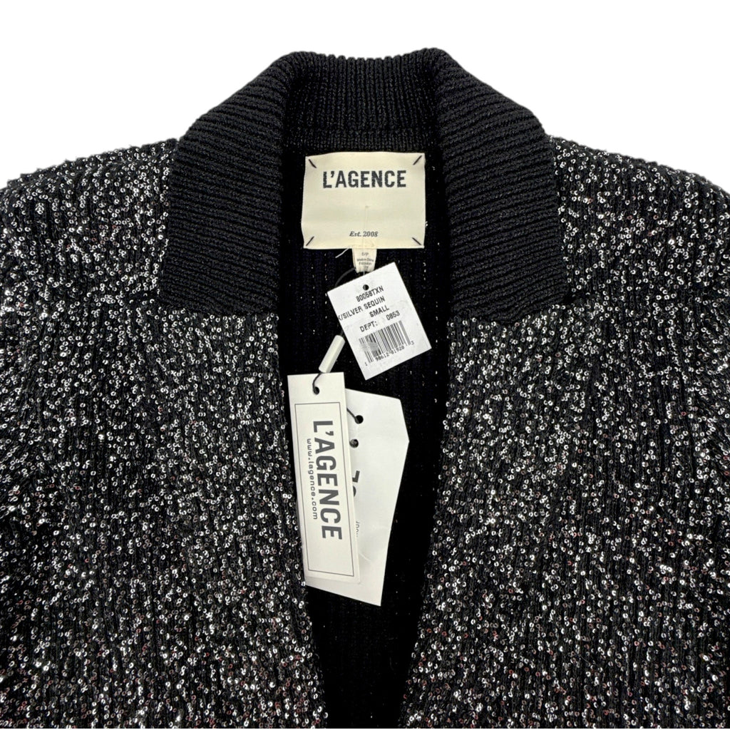 L'AGENCE Leonora Sequin Knit Blazer in Black Silver Sequin S L'Agence