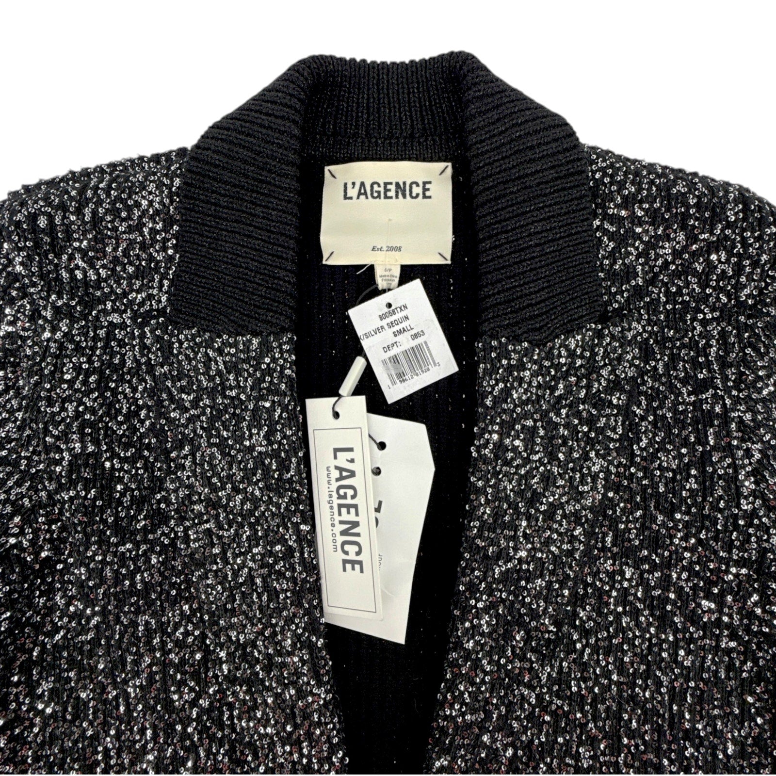 L'AGENCE Leonora Sequin Knit Blazer in Black Silver Sequin S L'Agence