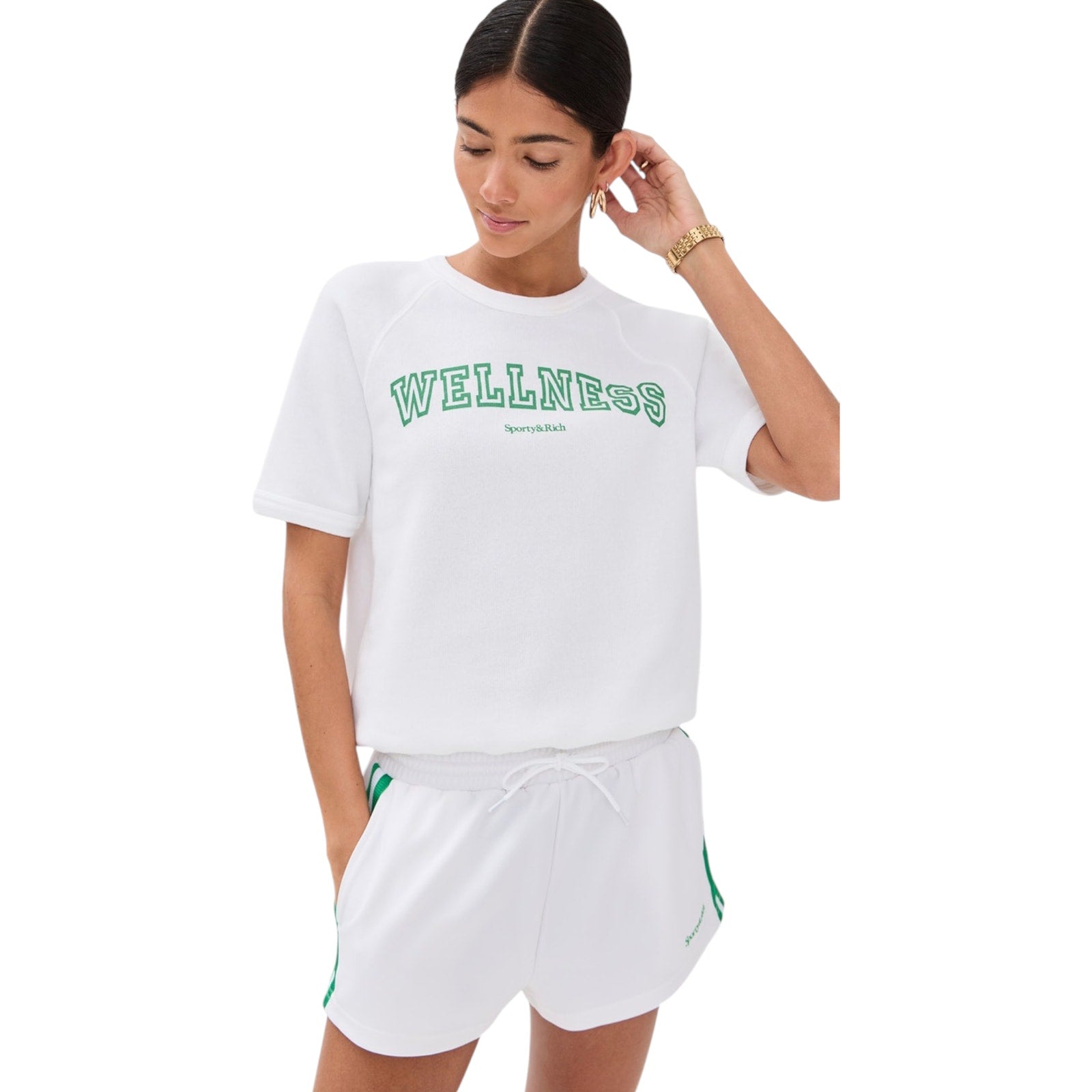 SPORTY & RICH Wellness Ivy Short Sleeve Soft Crewneck in White/Verde M Sporty & Rich