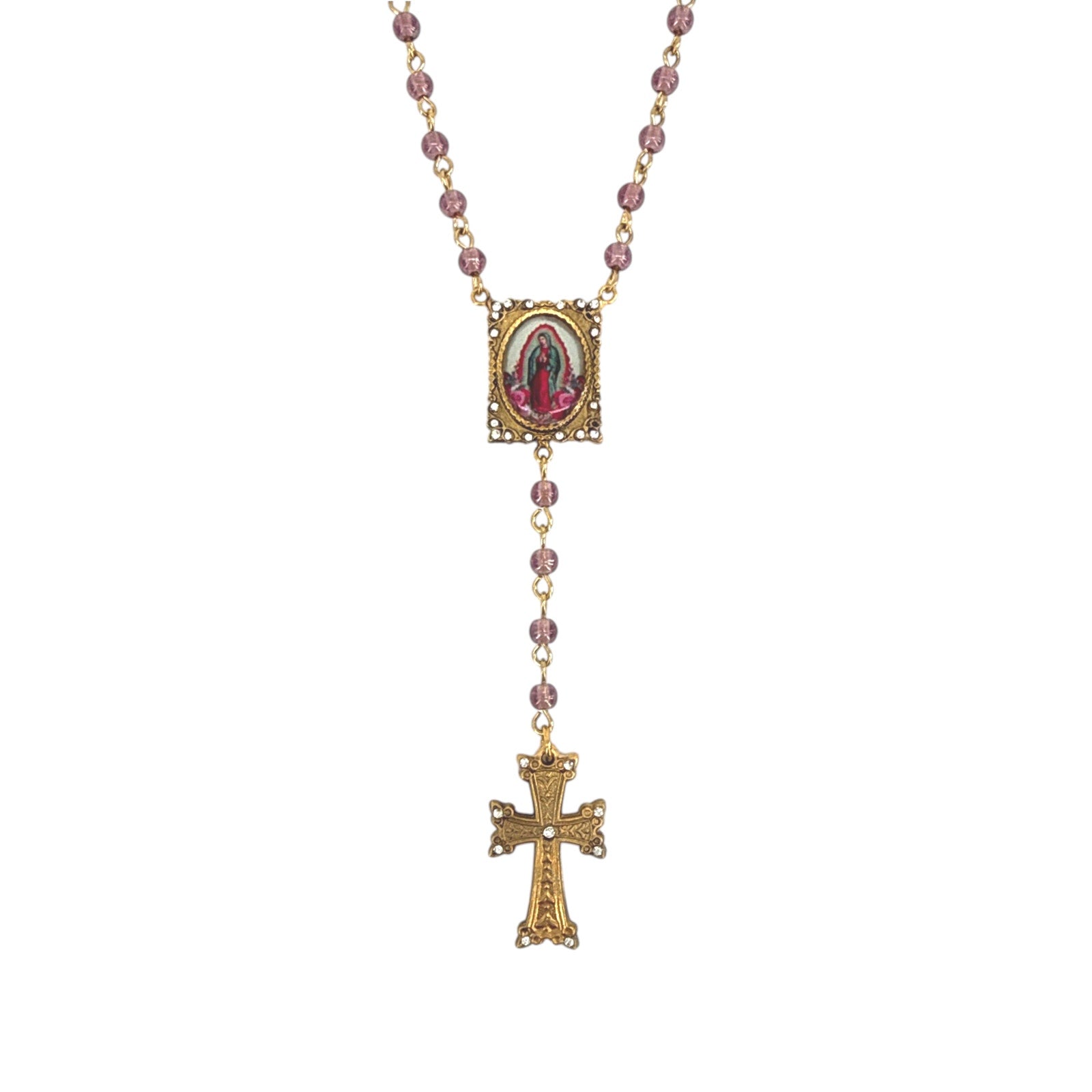 VIRGINS SAINTS & ANGELS VSA Retablo Guadalupe Rosary Necklace in Gold & Pink Virgins Saints & Angels