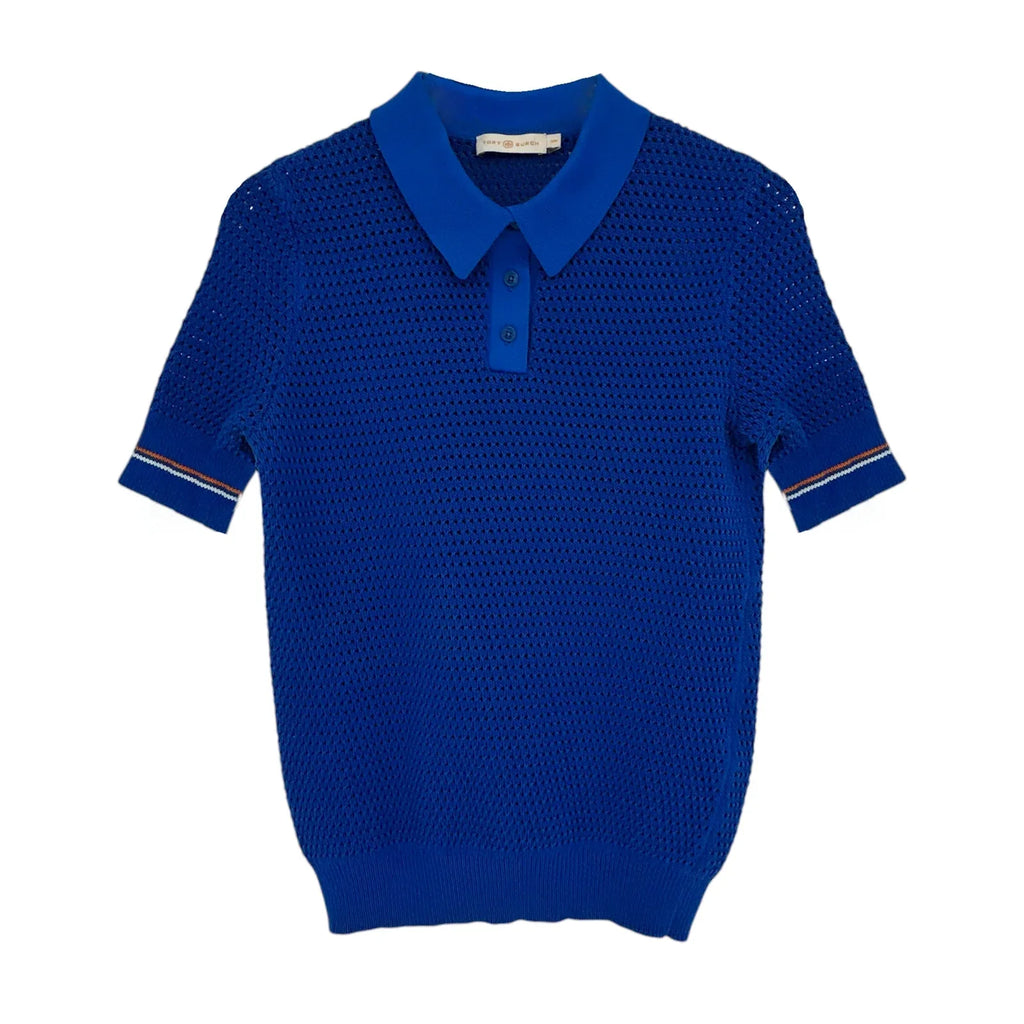 TORY BURCH Mesh Polo Sweater in Bondi Blue M - flyKAMP