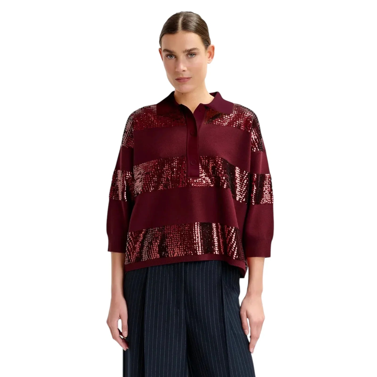 ESSENTIEL ANTWERP Illuminati Sequin Striped Polo Shirt in Wine S - flyKAMP
