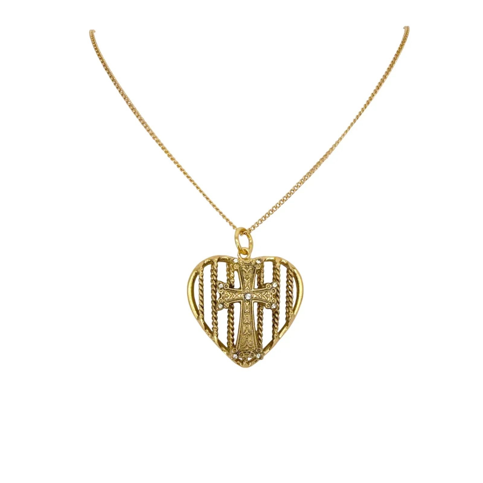 VIRGINS SAINTS & ANGELS VSA Caged Heart Cross Charm Necklace in Gold - flyKAMP