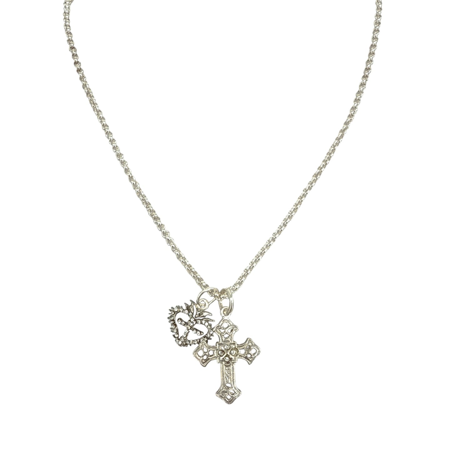 VIRGINS SAINTS & ANGELS VSA Basilica Cross & Sacred Heart Charm Necklace Silver