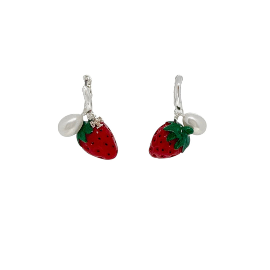 TORY BURCH Curiosity Strawberry Earrings in Light Silver / Red / Pearl Tory Burch