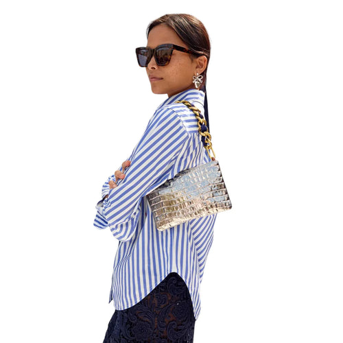 CLARE V. Wallet Clutch with Tabs Metallic Croc & Shortie Strap Grosgrain Kalamata - flyKAMP