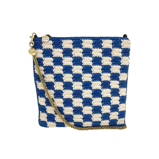 CLARE V. Foldover Clutch in Cobalt & Cream Crochet with Chain Shoulder Strap
