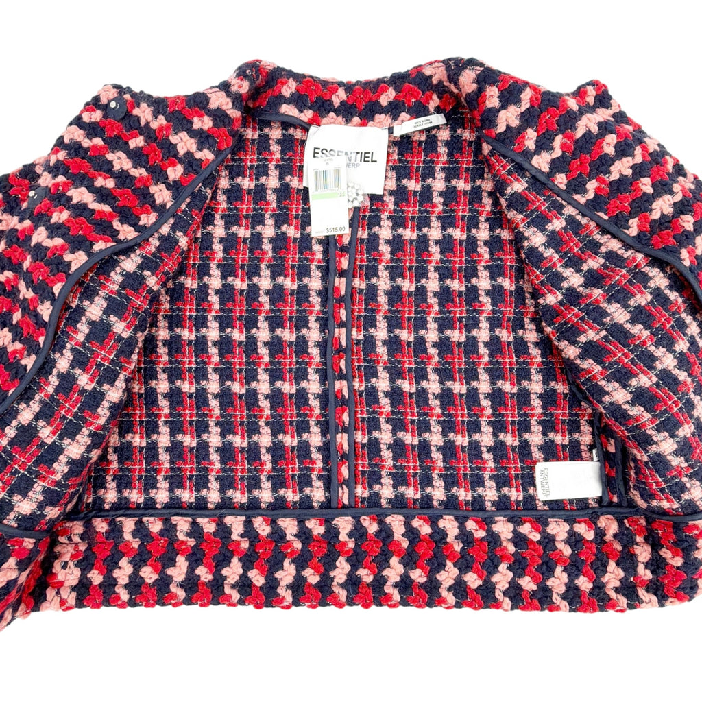 ESSENTIEL ANTWERP Wool Blend Tweed Jacket in Navy Peach & Red XS Essentiel Antwerp