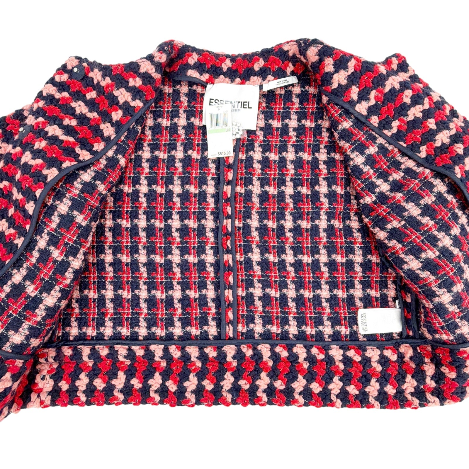 ESSENTIEL ANTWERP Wool Blend Tweed Jacket in Navy Peach & Red XS Essentiel Antwerp