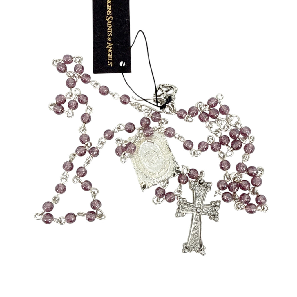 VIRGINS SAINTS & ANGELS VSA Retablo Guadalupe Rosary Necklace in Silver & Pink Virgins Saints & Angels