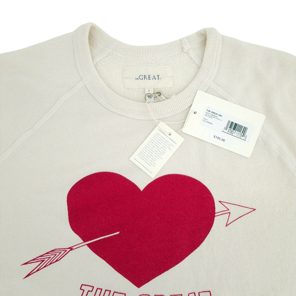 THE GREAT. The College Sweatshirt in Washed White with Red Heart Graphic 2|M The Great.