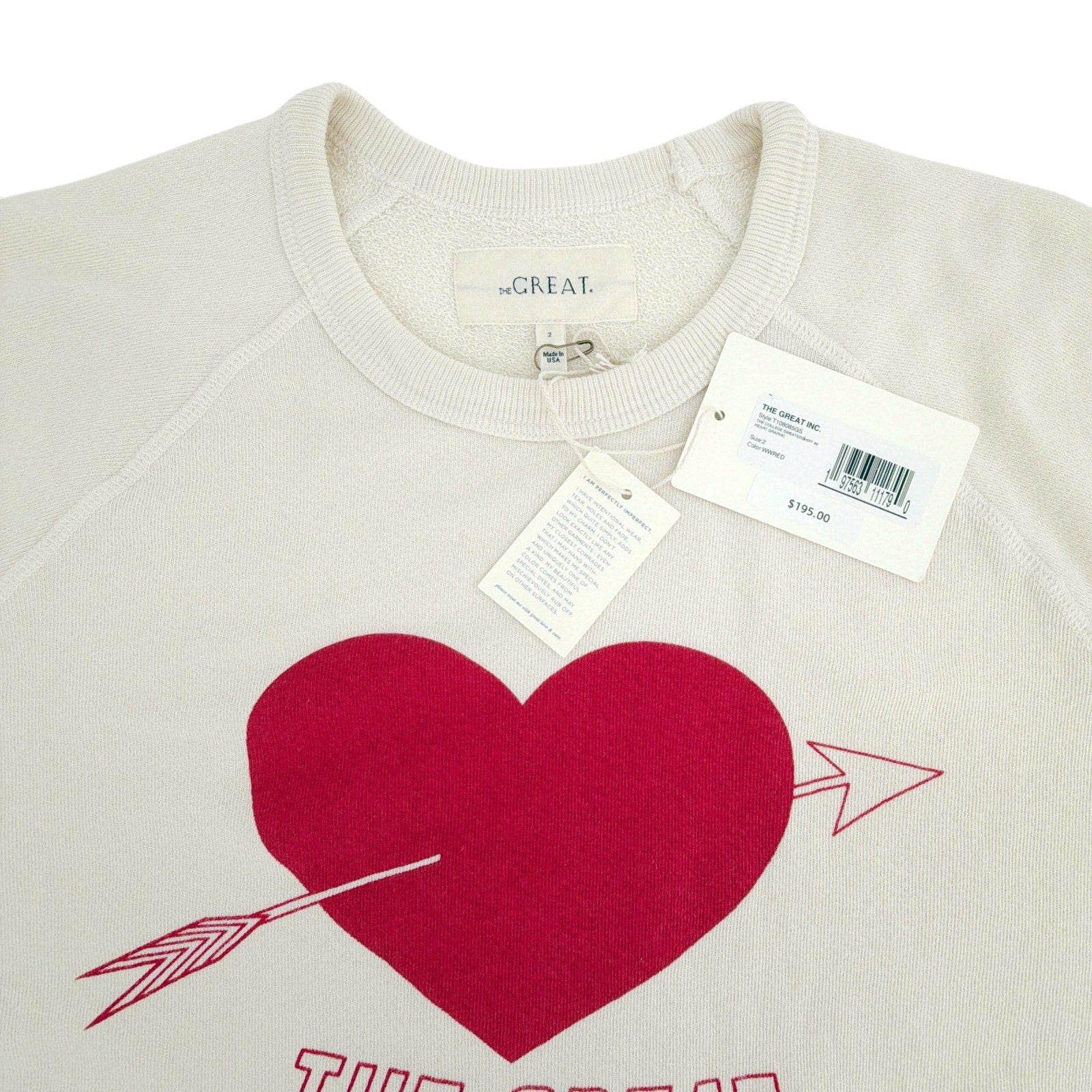 THE GREAT. The College Sweatshirt in Washed White with Red Heart Graphic 2|M The Great.