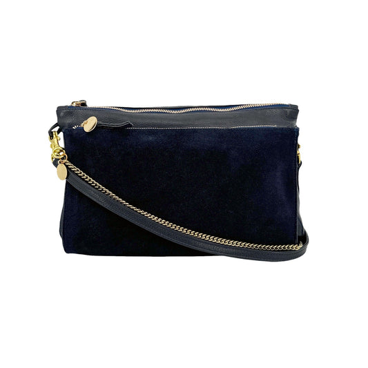 CLARE V. Gosee Clutch in Navy includes Chain Shoulder Strap in Thin Brass