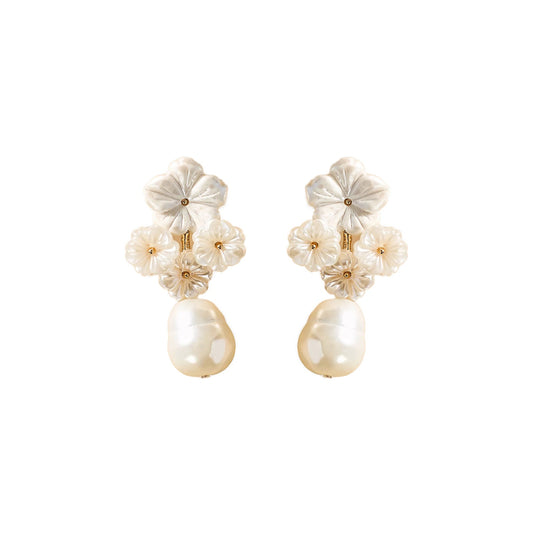 THE PINK REEF Floral Cluster with Mother-of-Pearl Drop Earrings in Ivory