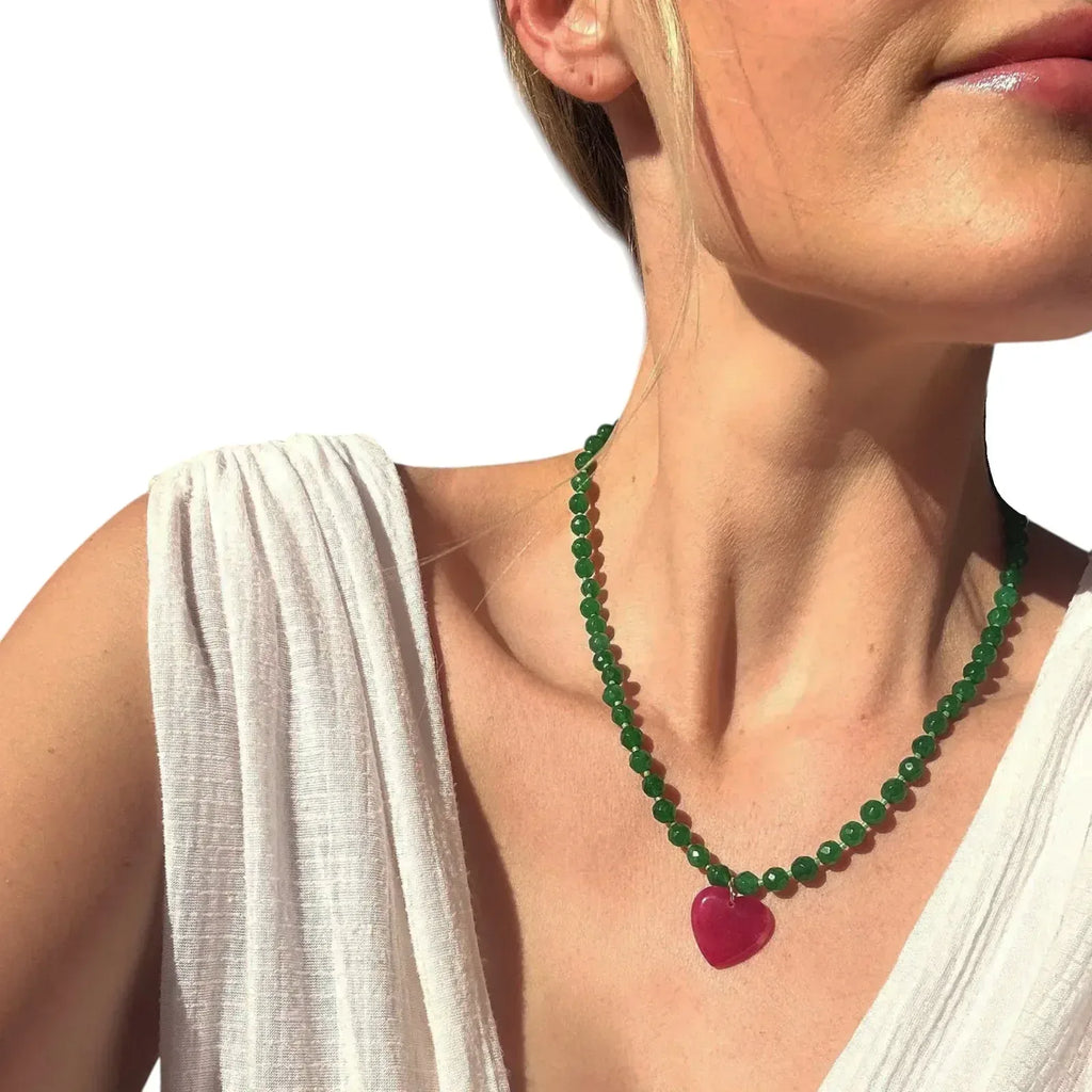 THE SILVER WREN Abel Beaded Necklace in Green and Pink 18" - flyKAMP
