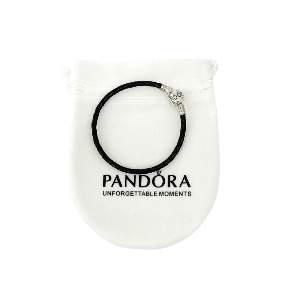 PANDORA Moments Woven Leather Bracelet with Silver Clasp in Black 17cm - flyKAMP