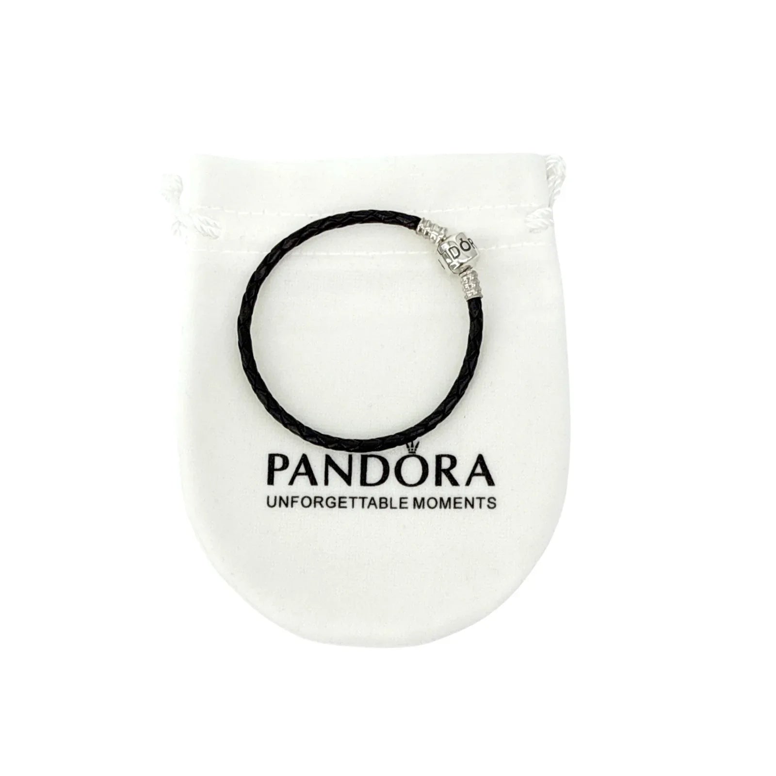PANDORA Moments Woven Leather Bracelet with Silver Clasp in Black 17cm - flyKAMP