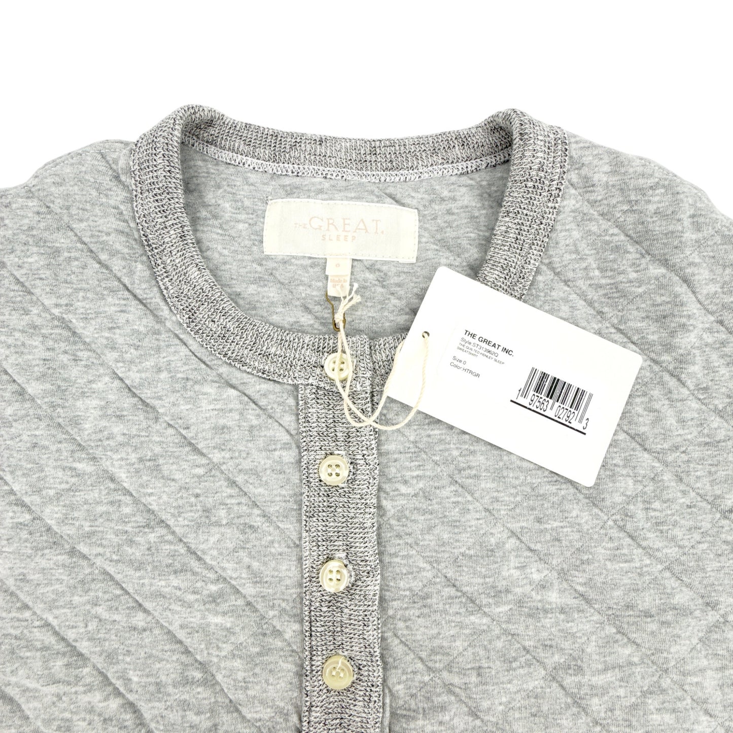 THE GREAT. The Quilted Henley Sleep Sweatshirt. in Heather Grey 0|XS
