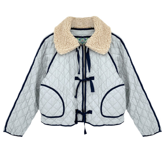 THE GREAT. The Short Quilted Reversible Jacket in Stone Blue 0|XS