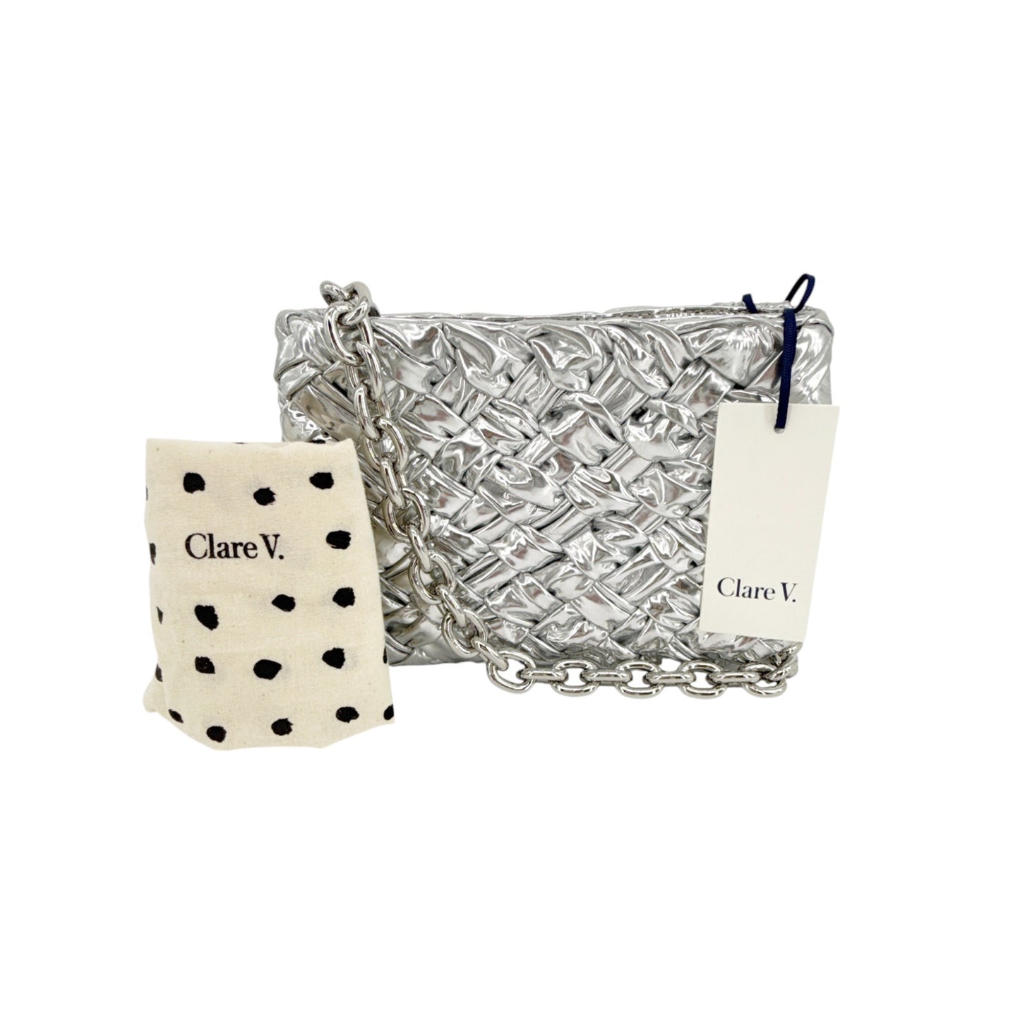 CLARE V. Estelle Clutch Specchio Puffy Woven & Mini Link Shoulder Strap Silver