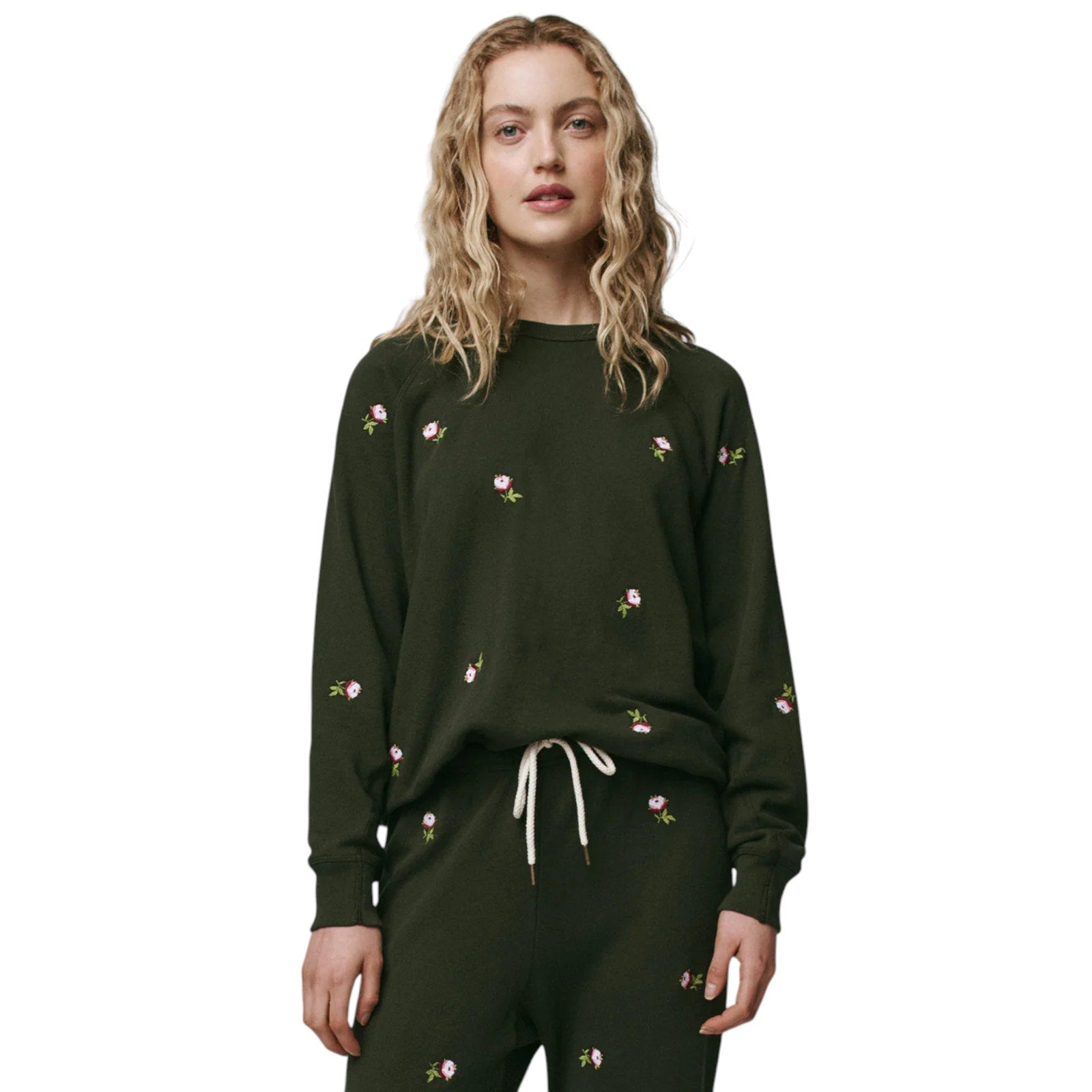 THE GREAT. The Stadium Sweatpant. Woodland Green With Embroidered Roses 0|XS The Great.