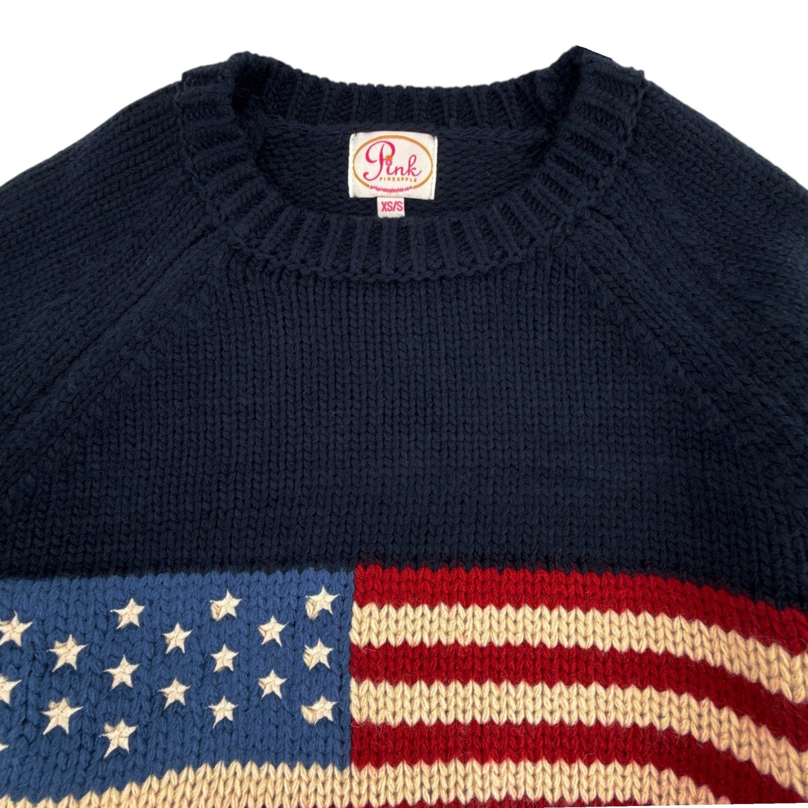 PINK PINEAPPLE Crop Vintage Acrylic Flag Sweater in Navy XS/S Pink Pineapple