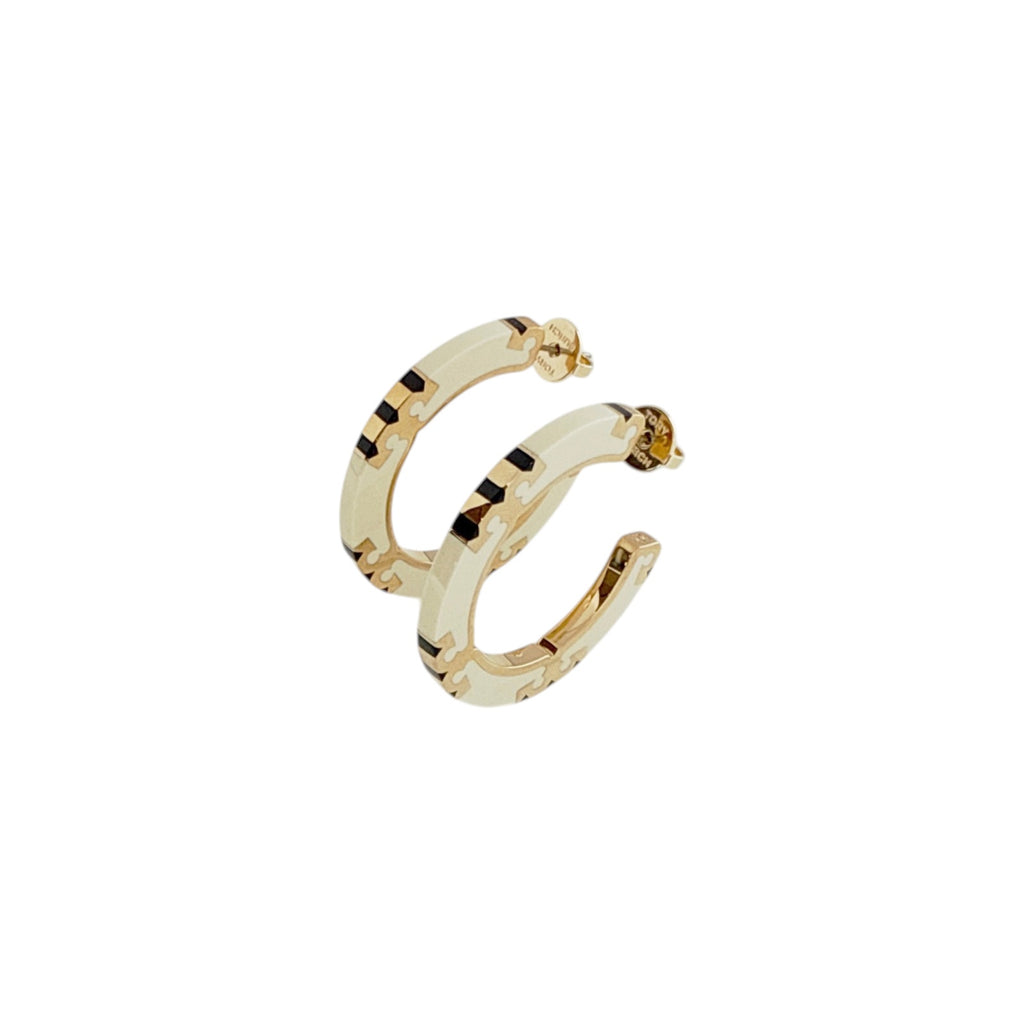 TORY BURCH Icon Enamel Hoop Earrings in Tory Gold / New Ivory / Black Tory Burch