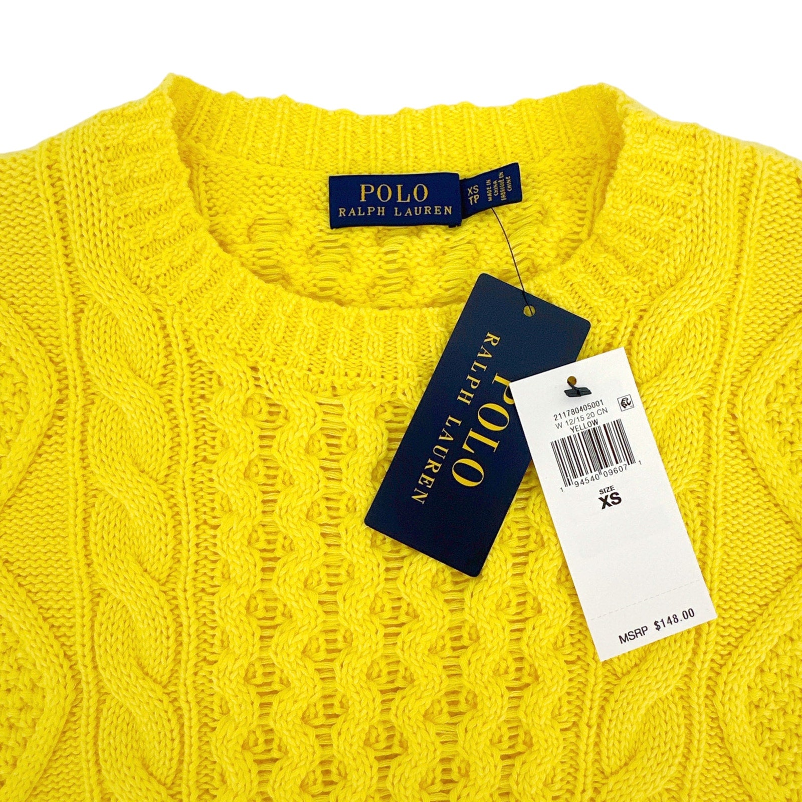 POLO RALPH LAUREN Cable-Knit Cotton Jumper in Yellow XS Polo Ralph Lauren