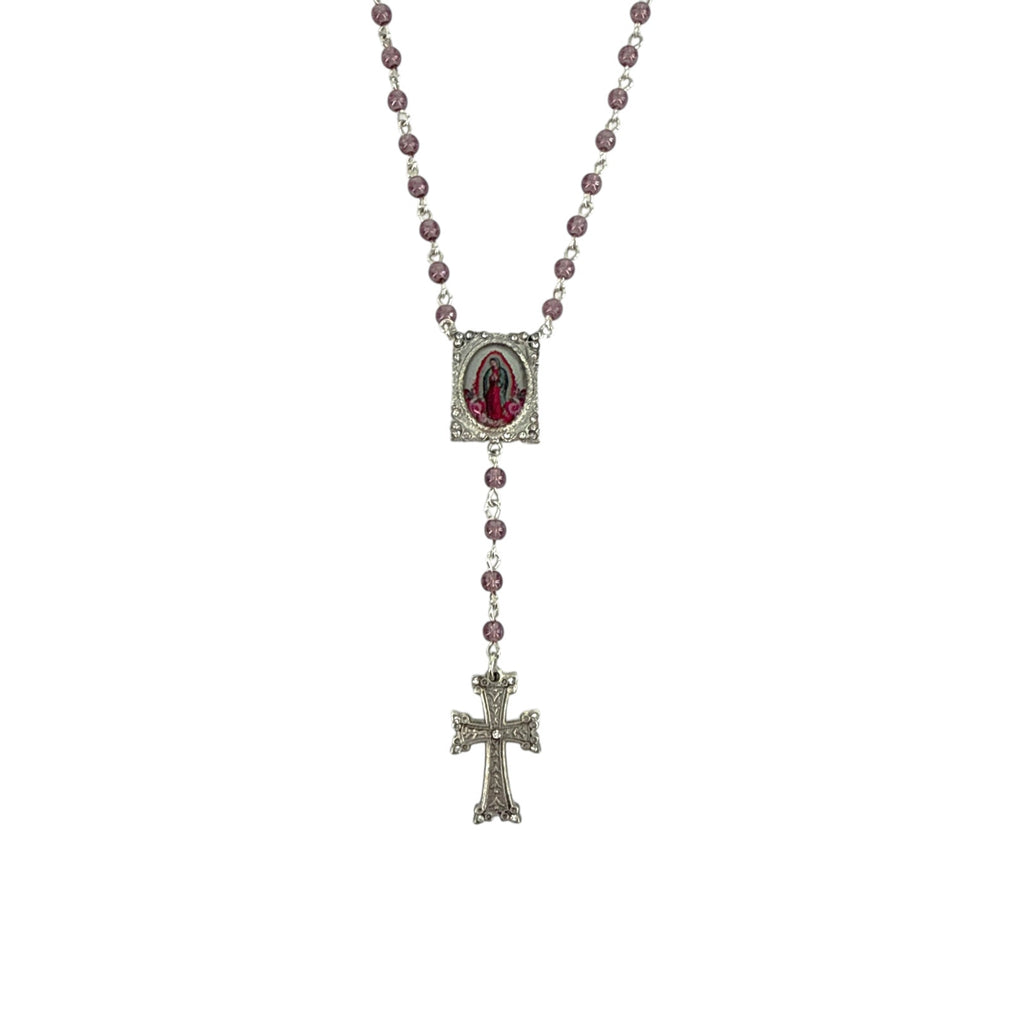 VIRGINS SAINTS & ANGELS VSA Retablo Guadalupe Rosary Necklace in Silver & Pink Virgins Saints & Angels